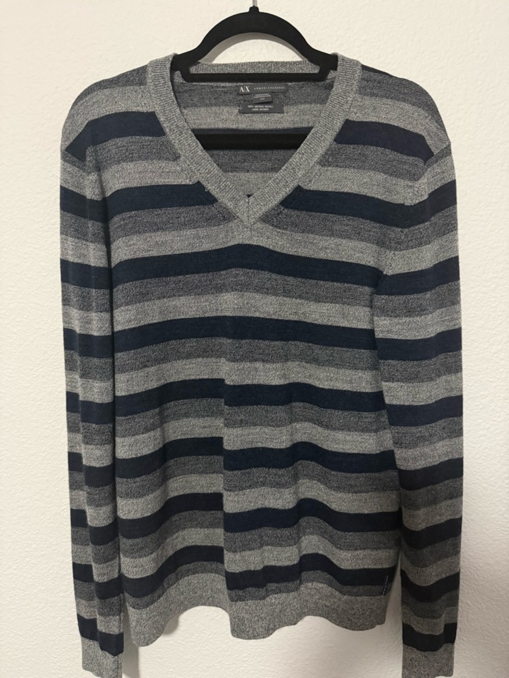 Armani Exchange Navy and Gray Striped V-Neck Sweater 100% Merino Wool  M1